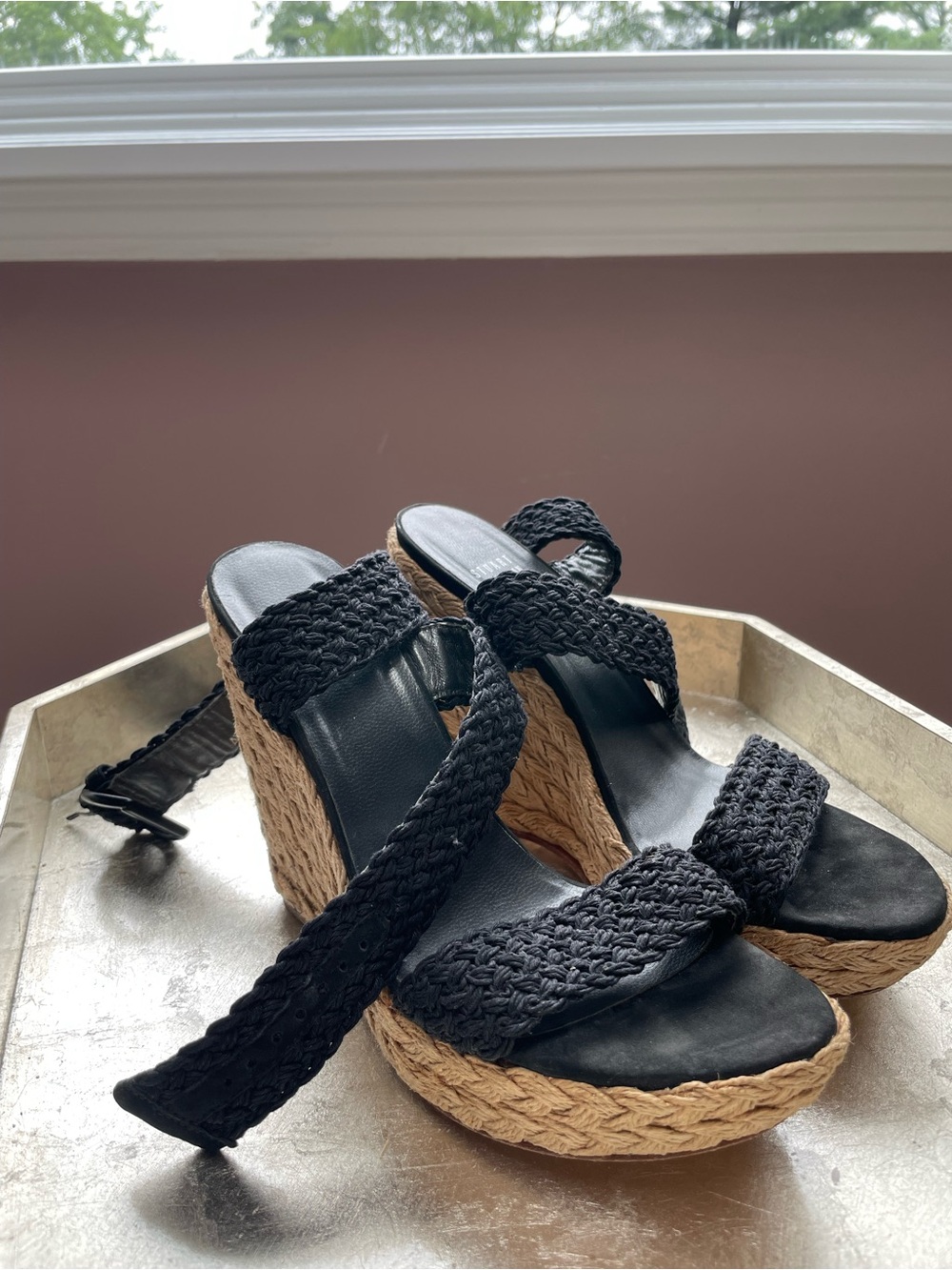 Stuart Weitzman Black Braided Espadrille Wedge Sandals - Picture 2 of 6